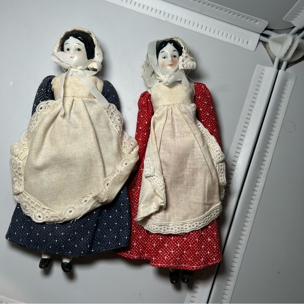 2 Ceramic Victorian Dolls 7 1/2 in Vintage Christmas Tree Ornament Doll House